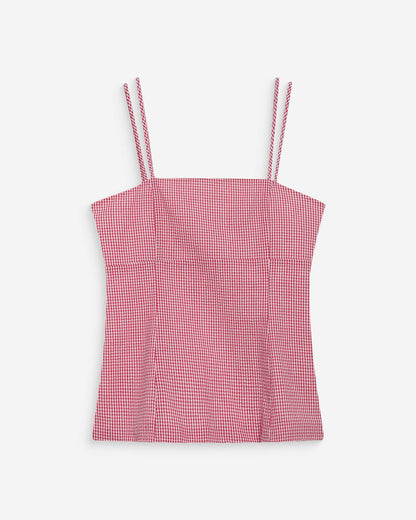 Top en coton vichy ajusté col carré rouge Wynel