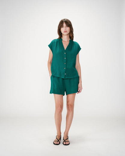 Chemise en gaze de coton manches courtes emeraude Wesra