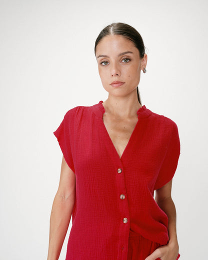 Chemise en gaze de coton manches courtes fuchsia Wesra