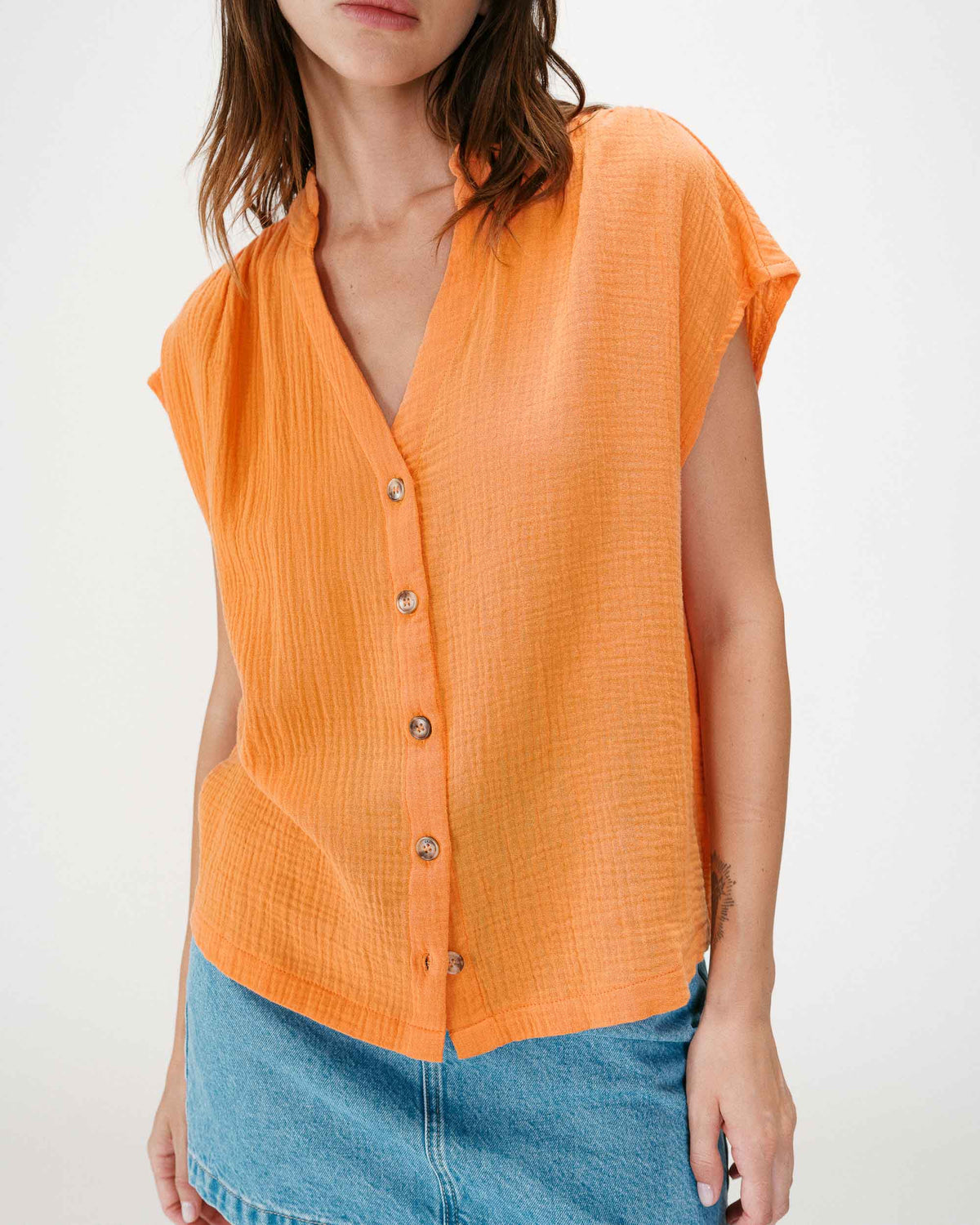 Chemise en gaze de coton manches courtes orange Wesra