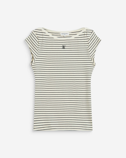 T-shirt col bateau ajusté à rayures ecru Wake