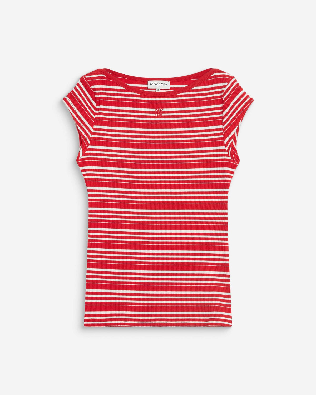 T-shirt col bateau ajusté à rayures rouge Wake