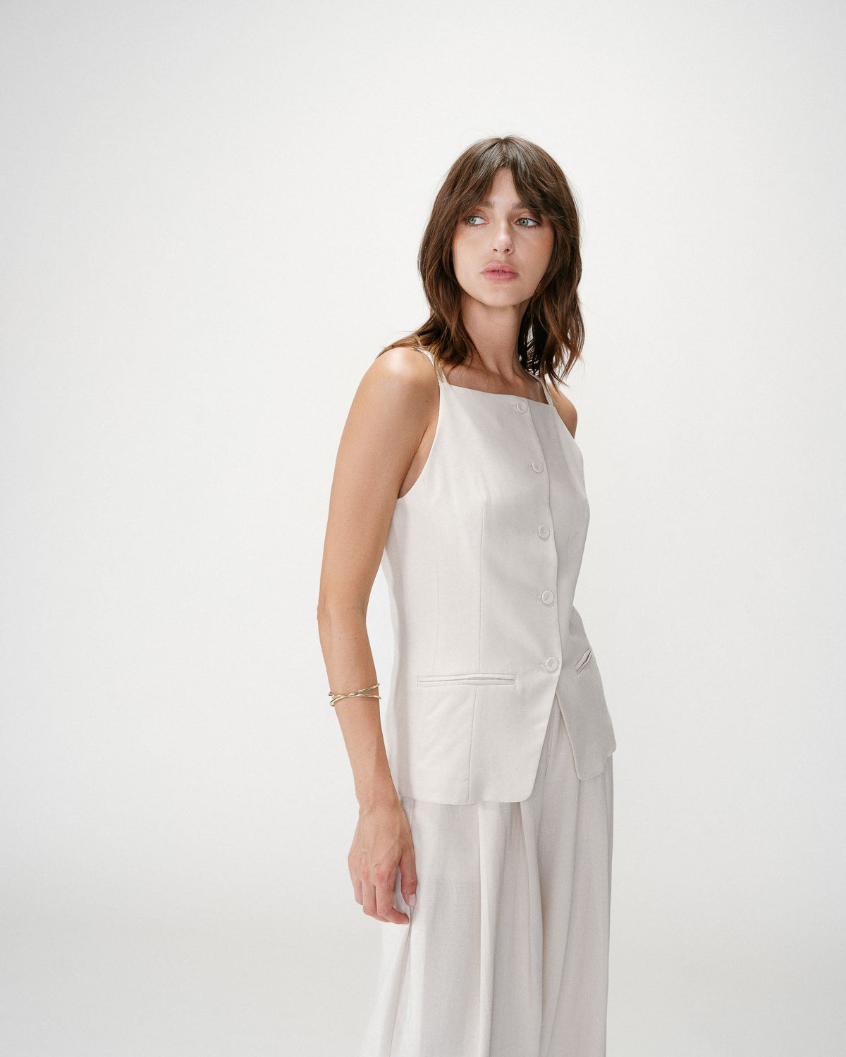 Gilet de tailleur en tencel et lin col carré sable Winston