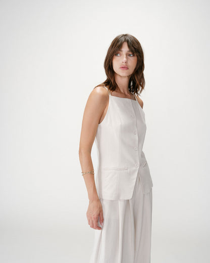 Gilet de tailleur en tencel et lin col carré sable Winston
