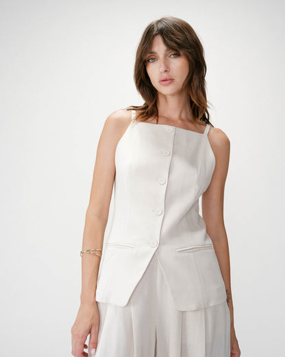 Gilet de tailleur en tencel et lin col carré sable Winston