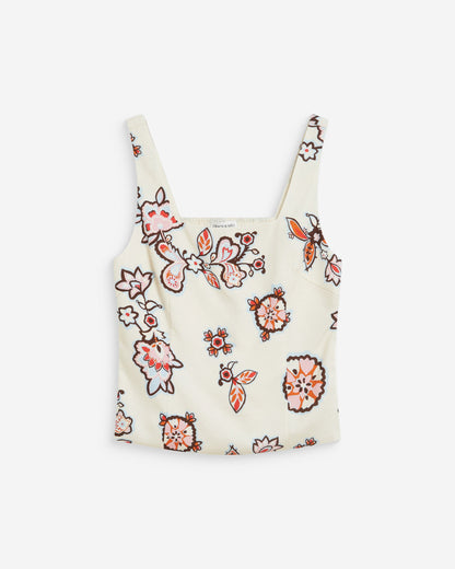 Top à imprimé floral ajusté col carré ecru Windsor
