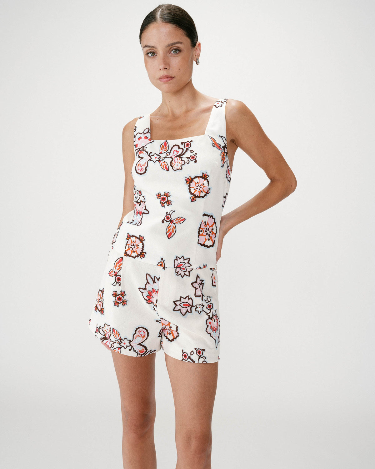 Top à imprimé floral ajusté col carré ecru Windsor