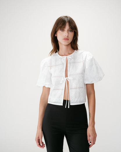 Blouse brodée à nouer manches ballon white Wylette