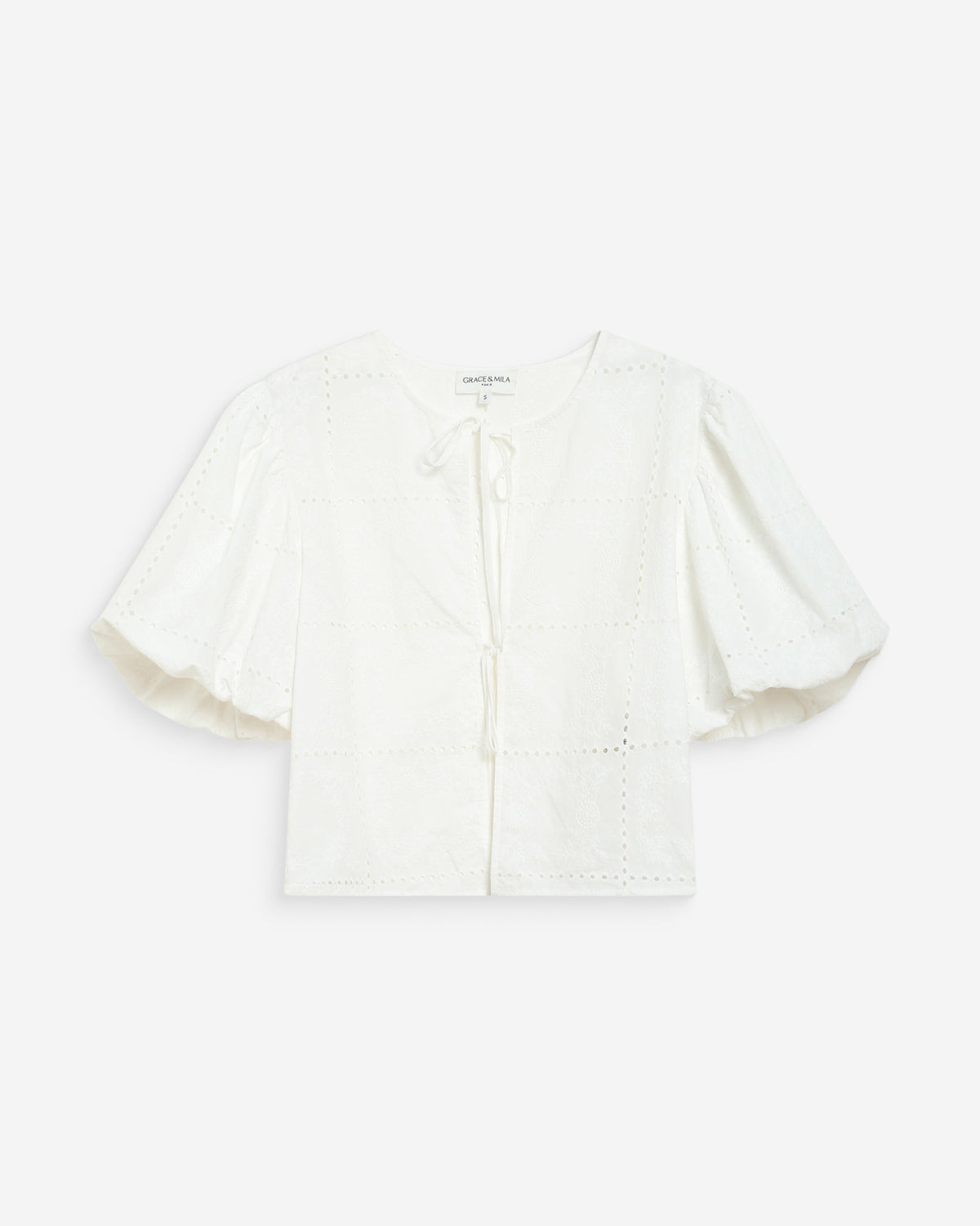 Blouse brodée à nouer manches ballon white Wylette