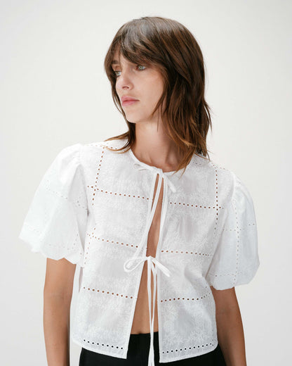 Blouse brodée à nouer manches ballon white Wylette