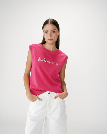 Top en coton col rond à message fuchsia Willow