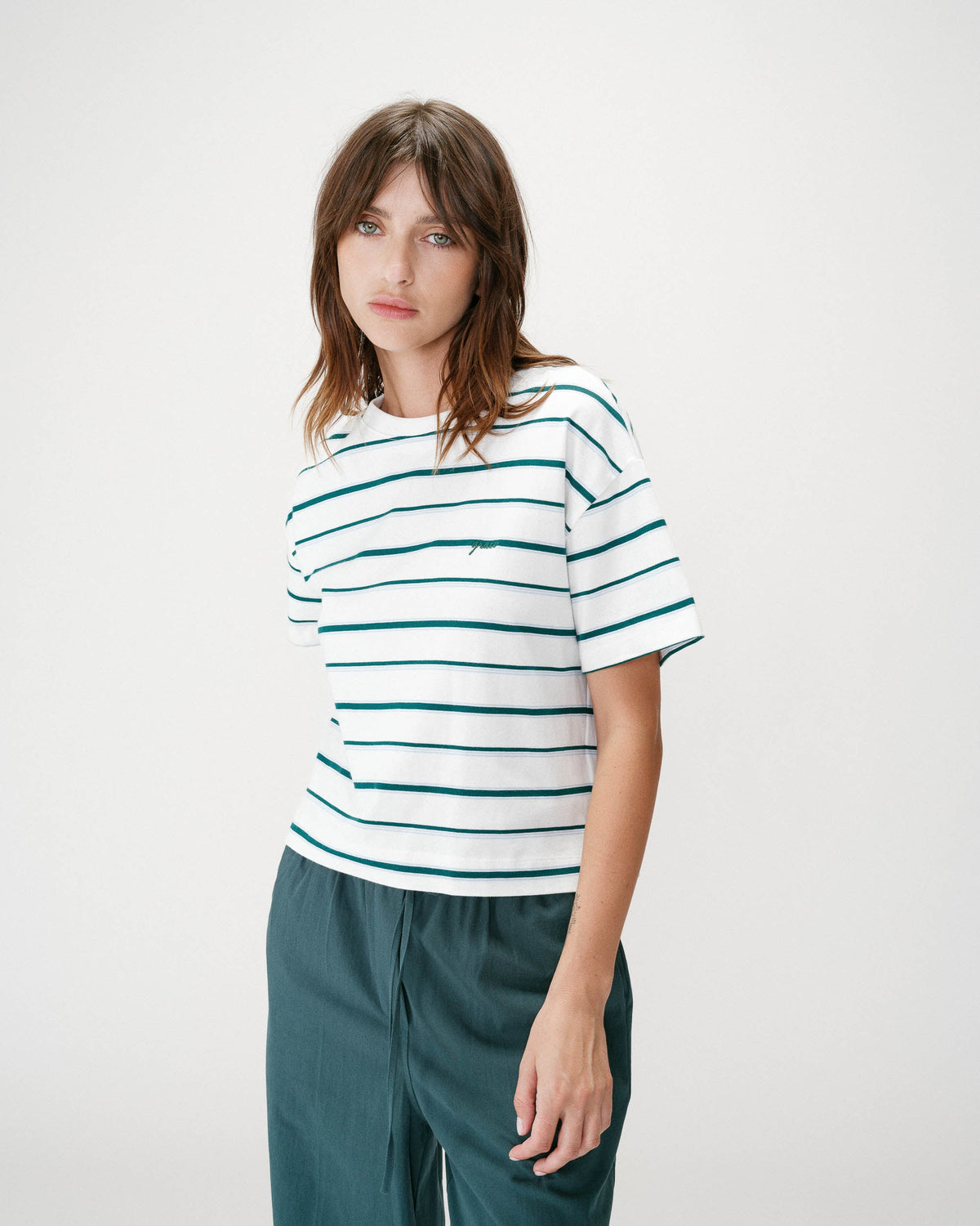 T-shirt oversize en coton rayé manches courtes ivoire Welson
