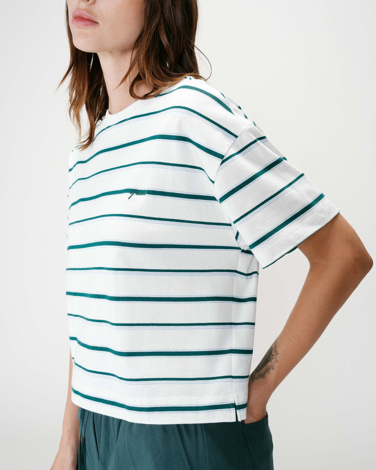 T-shirt oversize en coton rayé manches courtes ivoire Welson