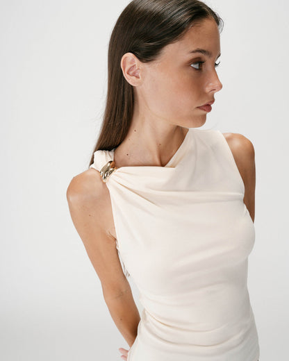 Top drapé asymétrique sans manches ecru Wagner