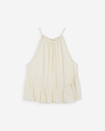 Top sans manches froncées en gaze de coton ecru Widy