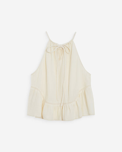 Top sans manches froncées en gaze de coton ecru Widy
