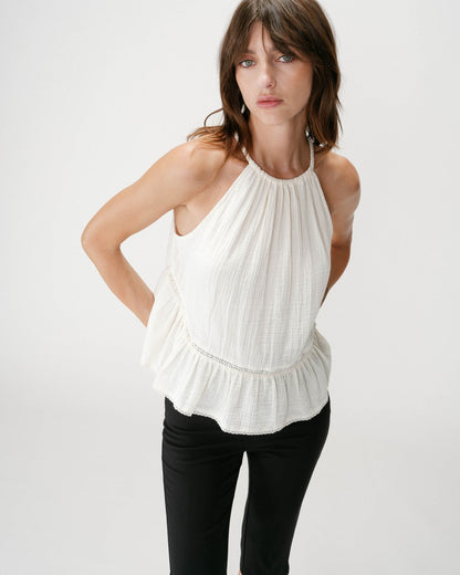 Top sans manches froncées en gaze de coton ecru Widy