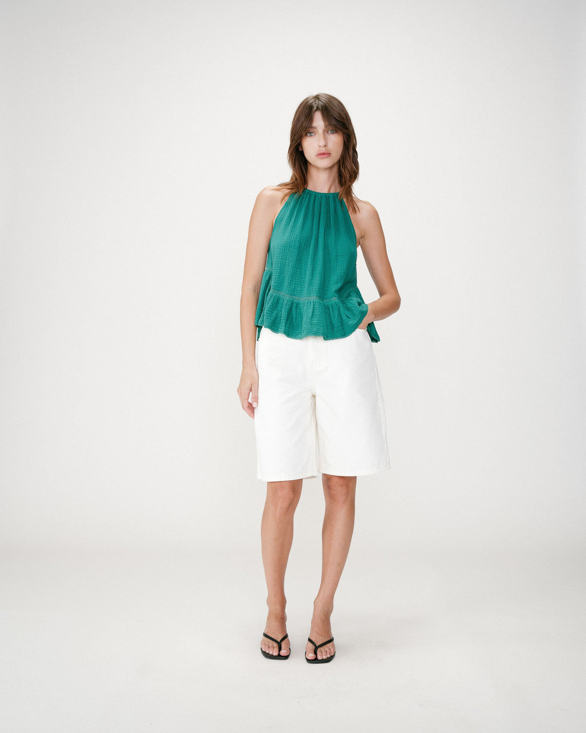 Top sans manches froncées en gaze de coton emeraude Widy