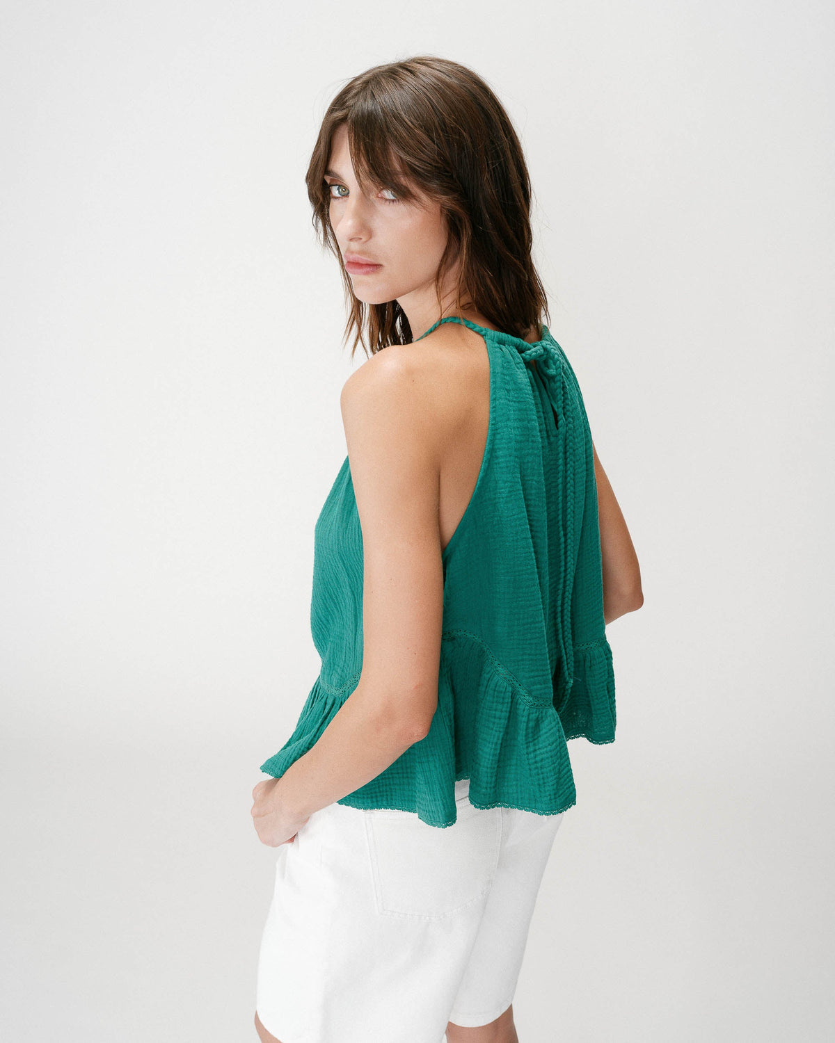 Top sans manches froncées en gaze de coton emeraude Widy