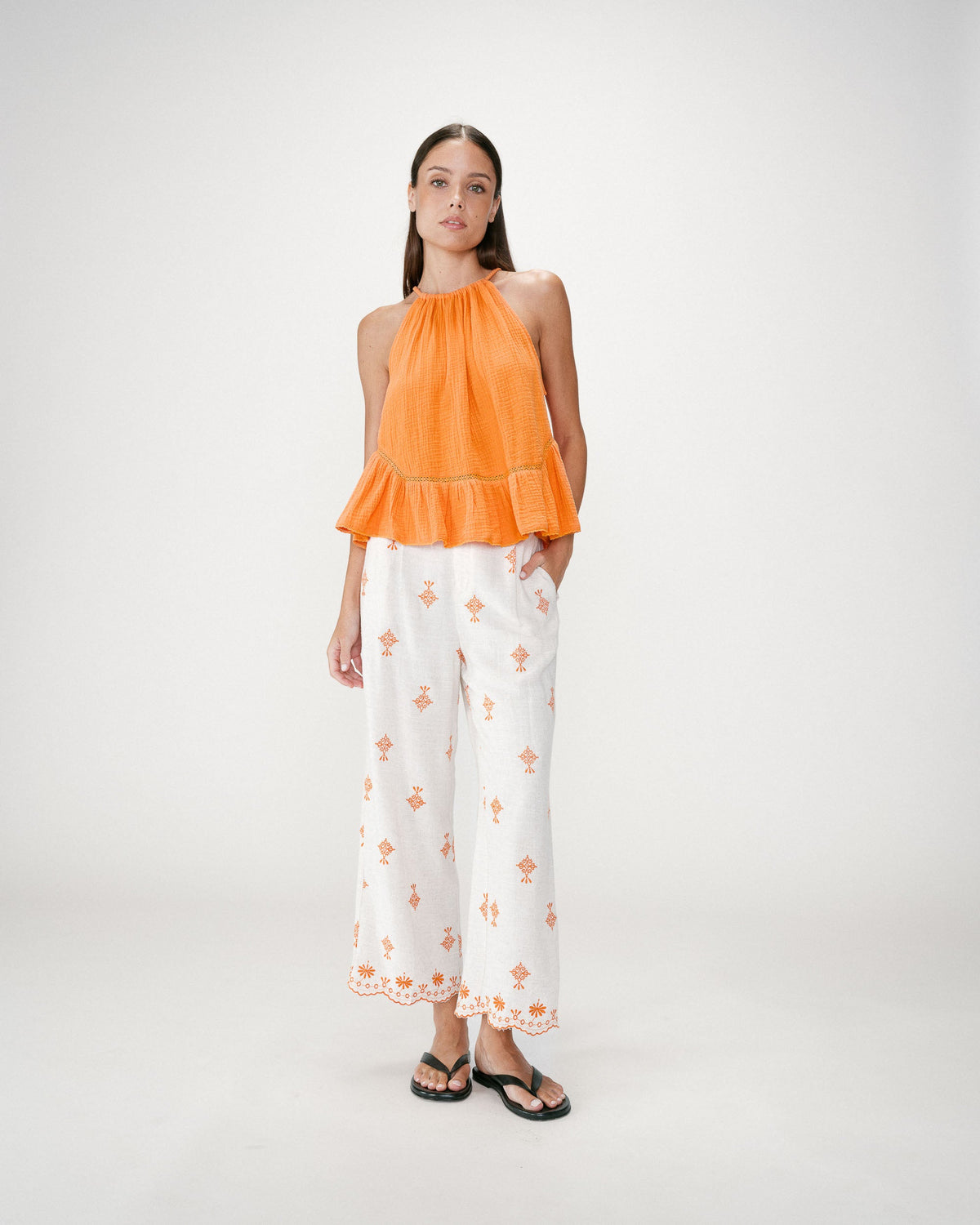 Top sans manches froncées en gaze de coton orange Widy