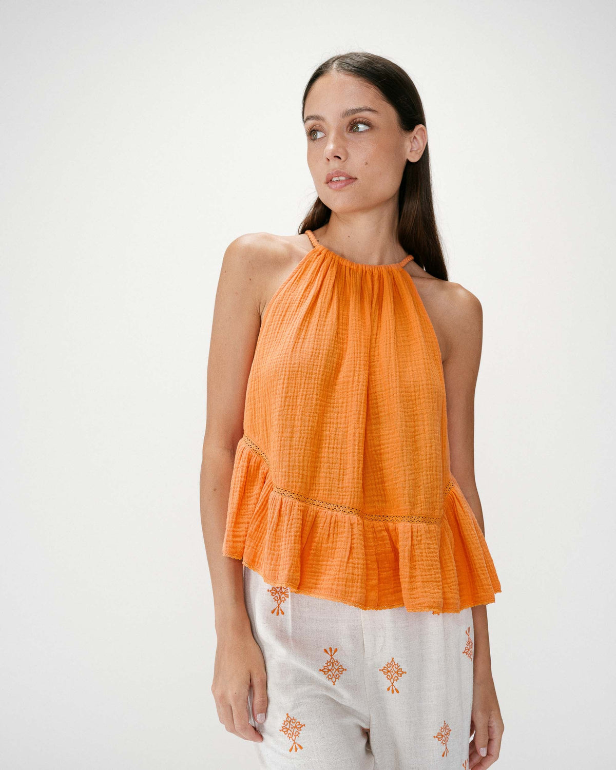 Top sans manches froncées en gaze de coton orange Widy