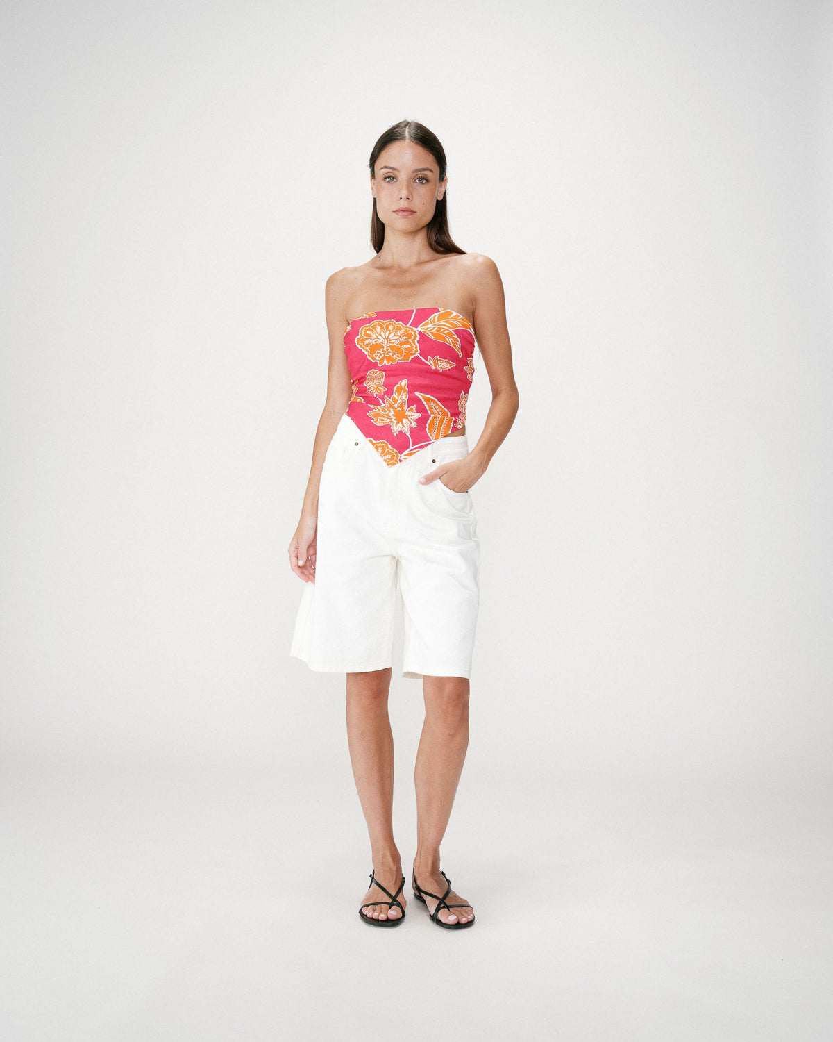 Top bandeau à fleurs dos à nouer fuchsia Willara