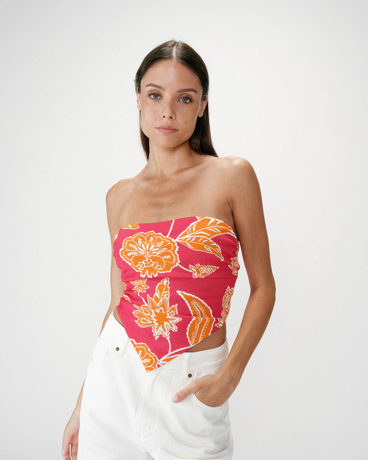 Top bandeau à fleurs dos à nouer fuchsia Willara