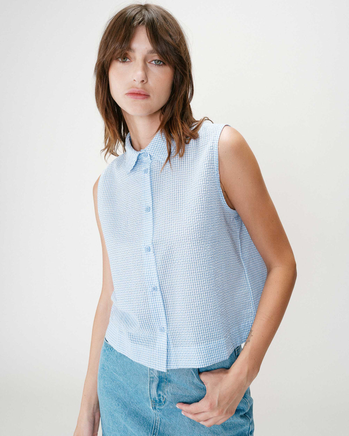Chemise en coton vichy sans manches ciel Windell