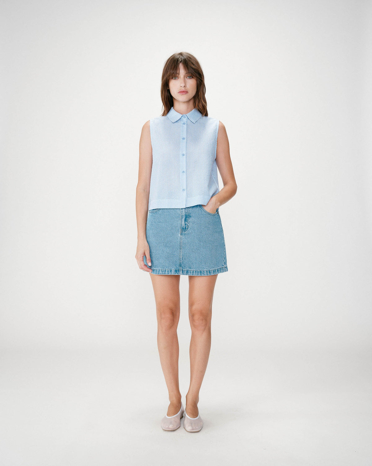Chemise en coton vichy sans manches ciel Windell