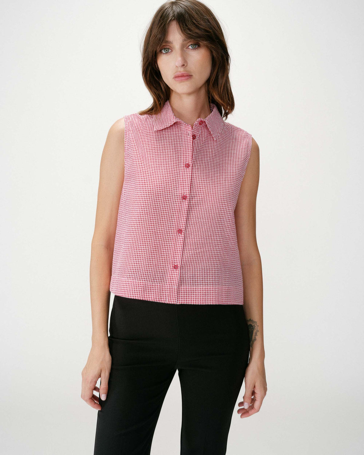 Chemise en coton vichy sans manches rouge Windell