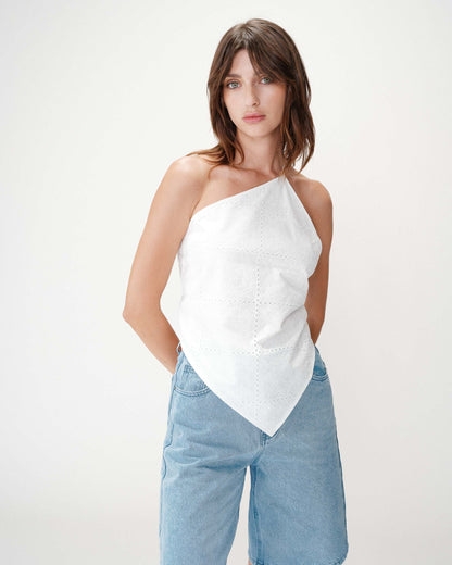 Top en coton brodé asymétrique dos nu white Waiting