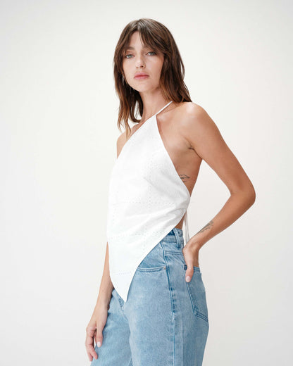 Top en coton brodé asymétrique dos nu white Waiting