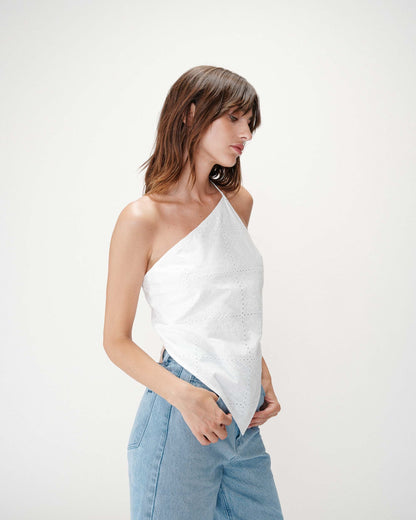 Top en coton brodé asymétrique dos nu white Waiting