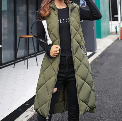 Florisse | Long Quilted Hooded Vest Femme avec Fermeture Zippée | Gilet Matelassé Automne Hiver
