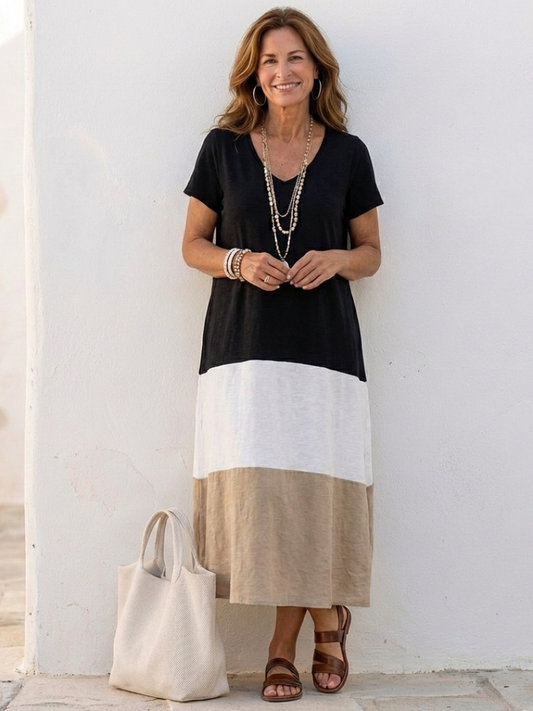 Thalia | Robe Midi à Manches Courtes en Color Block V