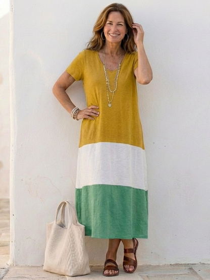Thalia | Robe Midi à Manches Courtes en Color Block V