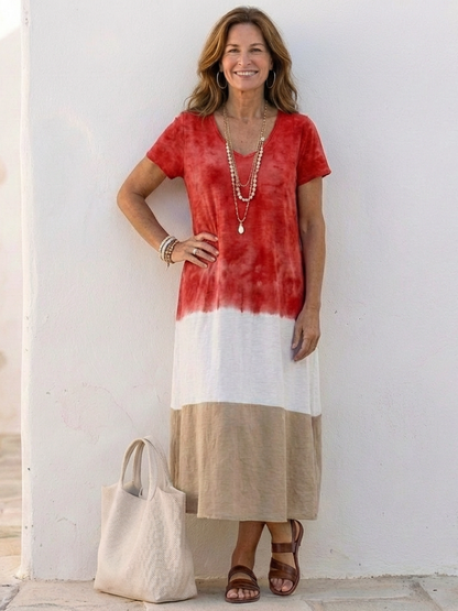 Thalia | Robe Midi à Manches Courtes en Color Block V