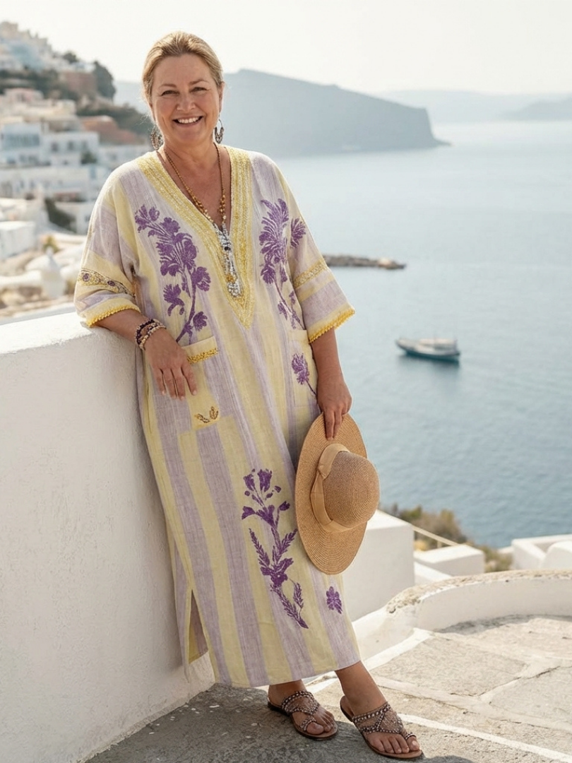 Aurelia | Robe Maxi Fleurie Rayée à Col V et Manches Mi-Longues