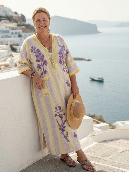 Aurelia | Robe Maxi Fleurie Rayée à Col V et Manches Mi-Longues