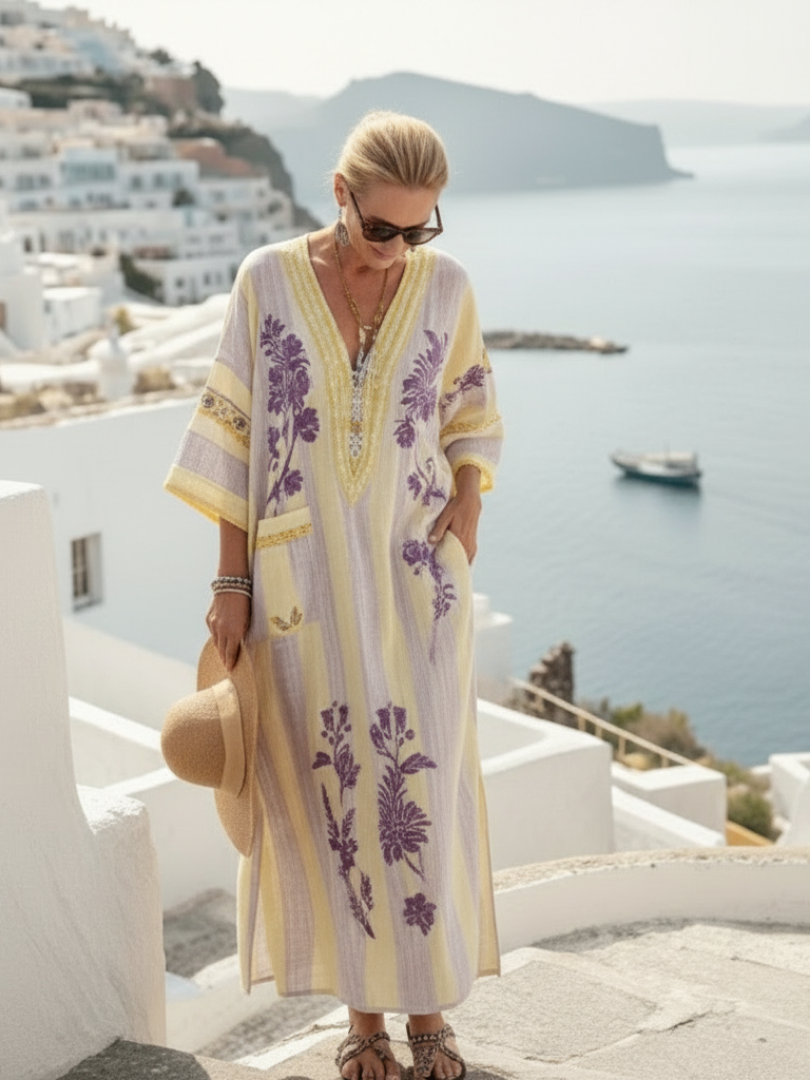 Aurelia | Robe Maxi Fleurie Rayée à Col V et Manches Mi-Longues