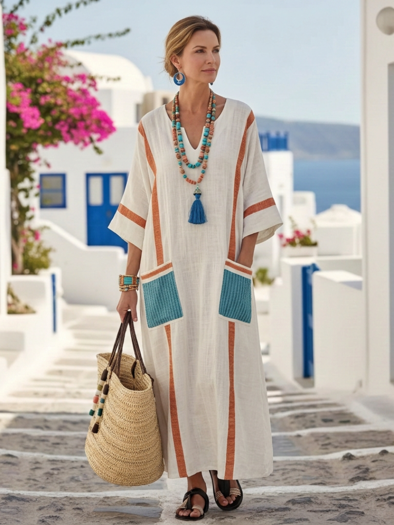 Noemi | Robe Maxi à Manches Mi-Longues et Col V avec Poches