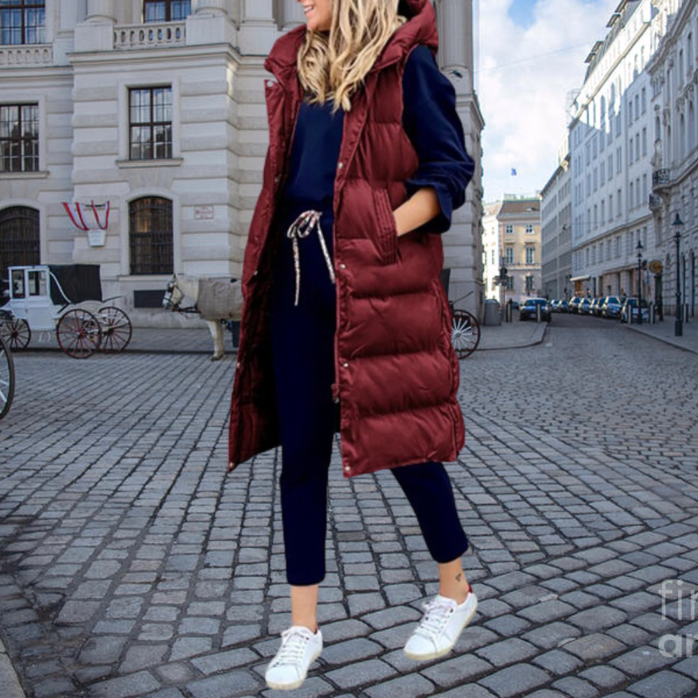 Chandrelle | Gilet long matelassé pour femme avec capuche et poches, coton chaud et confortable