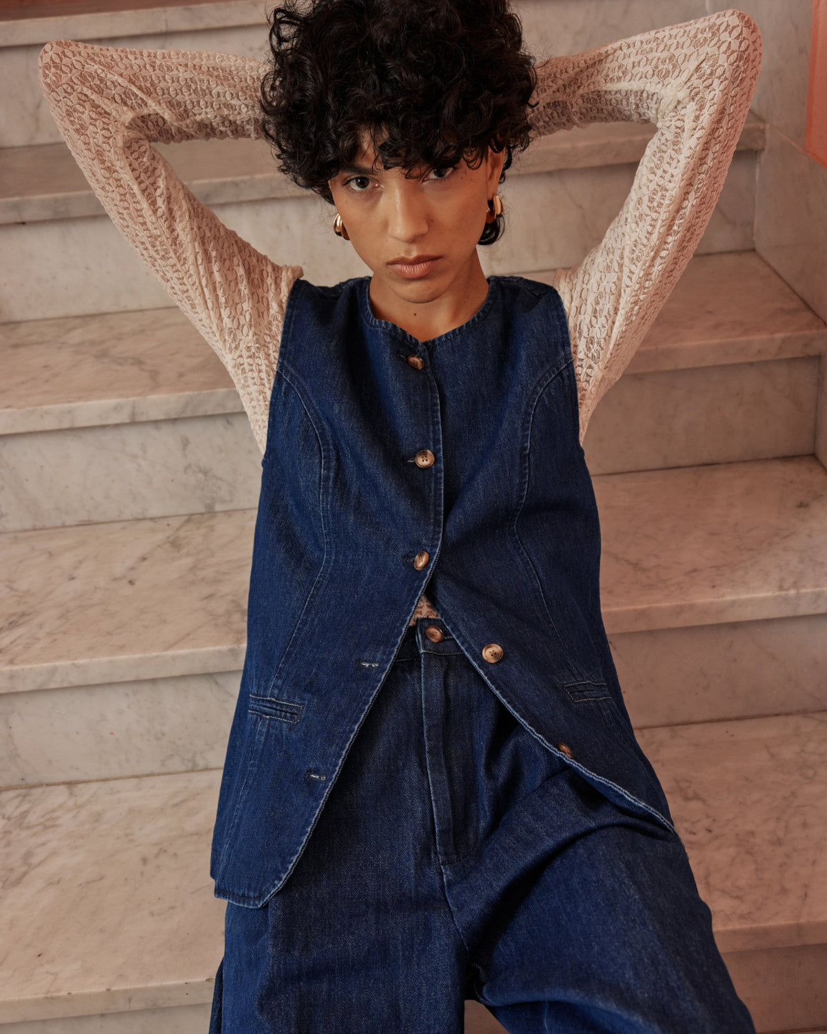 Veste cintrée en jean sans manches mediumblue Vallon