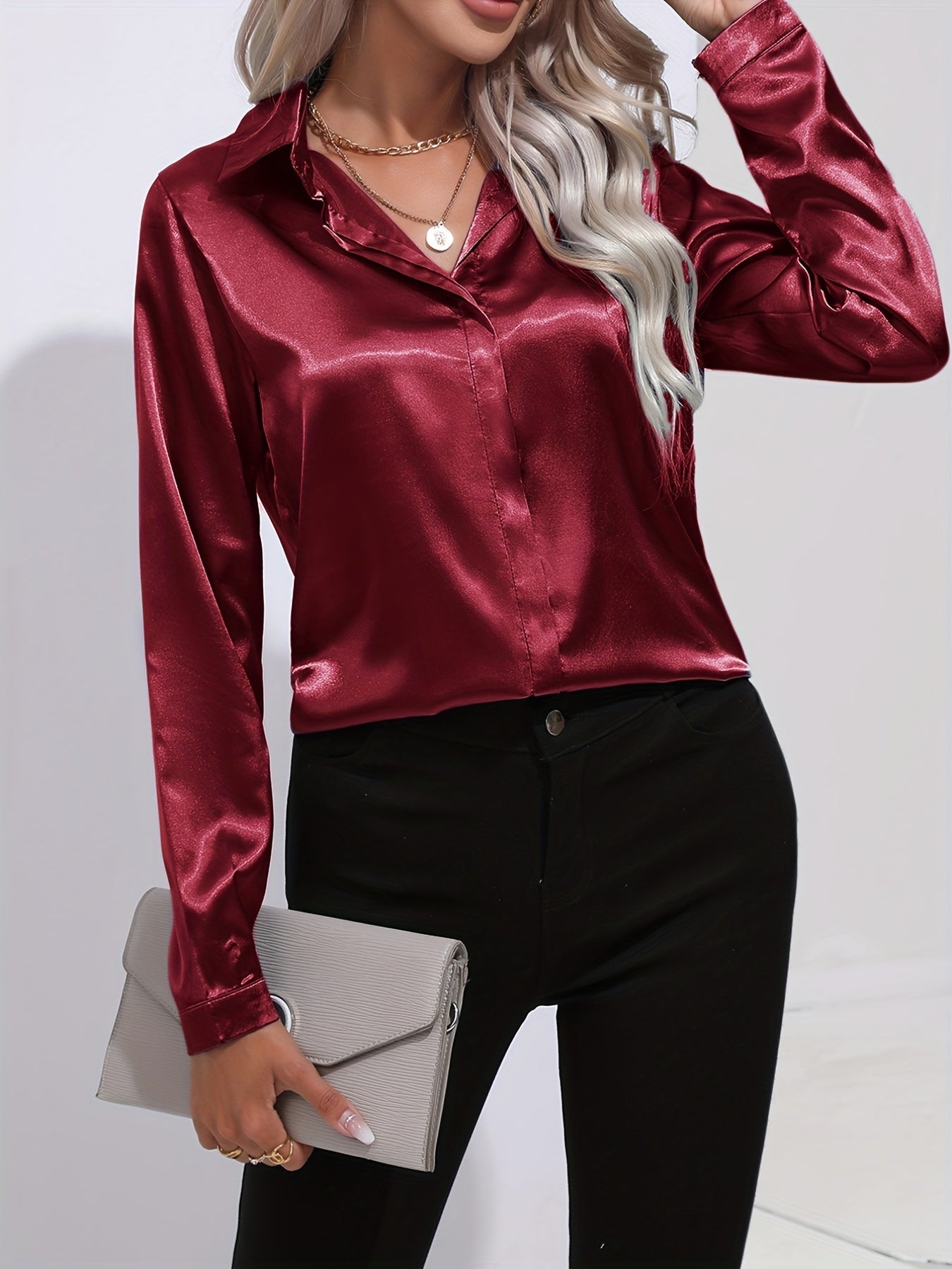 Ardeline | Blouse Satinée Femme Unie Col Revers Boutonnée Manches Longues