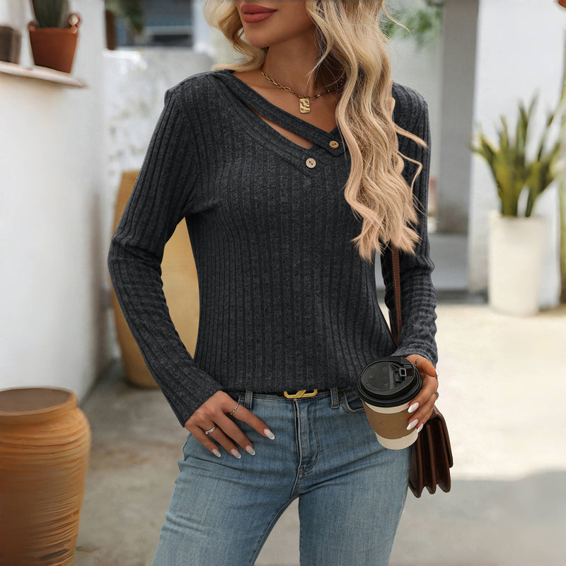 Eulalise | Pull élégant uni à col en V avec détails boutonnés pour femme