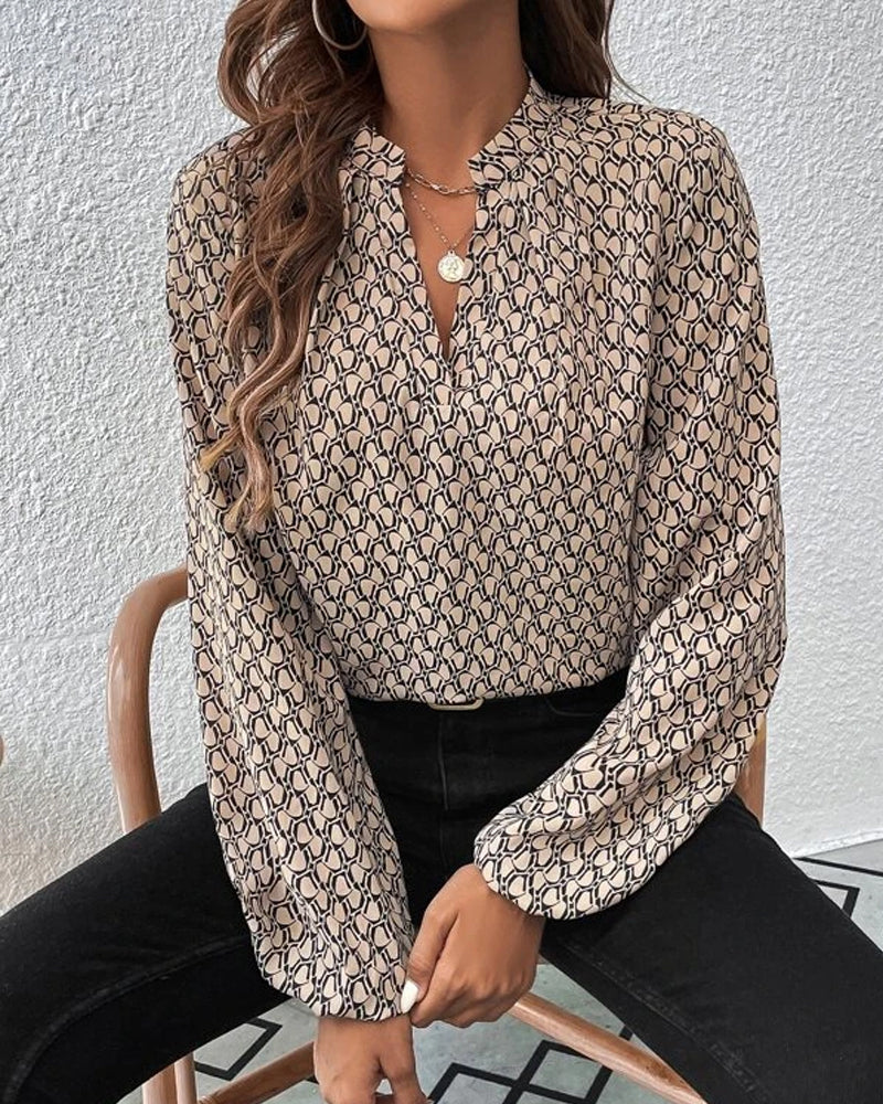 Adalcinde | Blouse Femme – Col V Imprimé Stylé Manches Longues Casual & Bureau