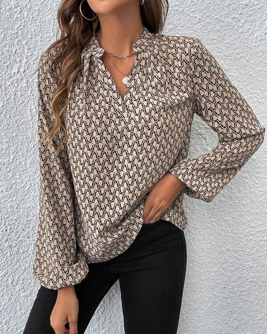 Adalcinde | Blouse Femme – Col V Imprimé Stylé Manches Longues Casual & Bureau