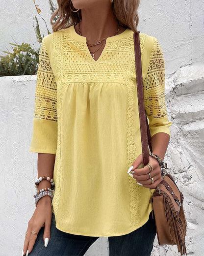 Viviane | Blouse Femme – Jaune Uni avec Dentelle & Manches 3/4 en Lin