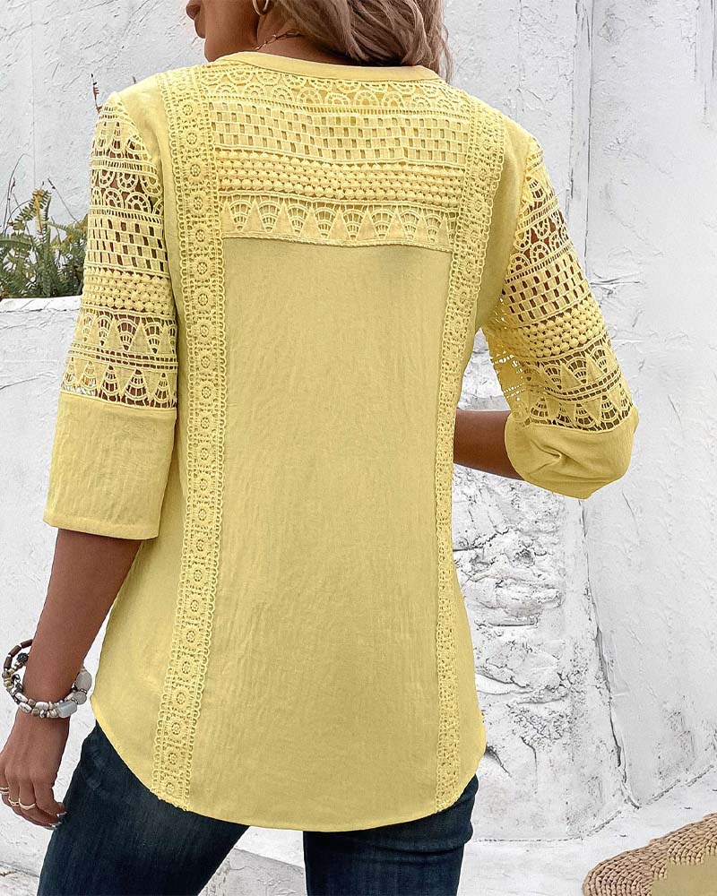 Viviane | Blouse Femme – Jaune Uni avec Dentelle & Manches 3/4 en Lin