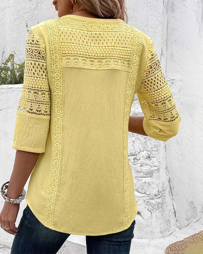Viviane | Blouse Femme – Jaune Uni avec Dentelle & Manches 3/4 en Lin